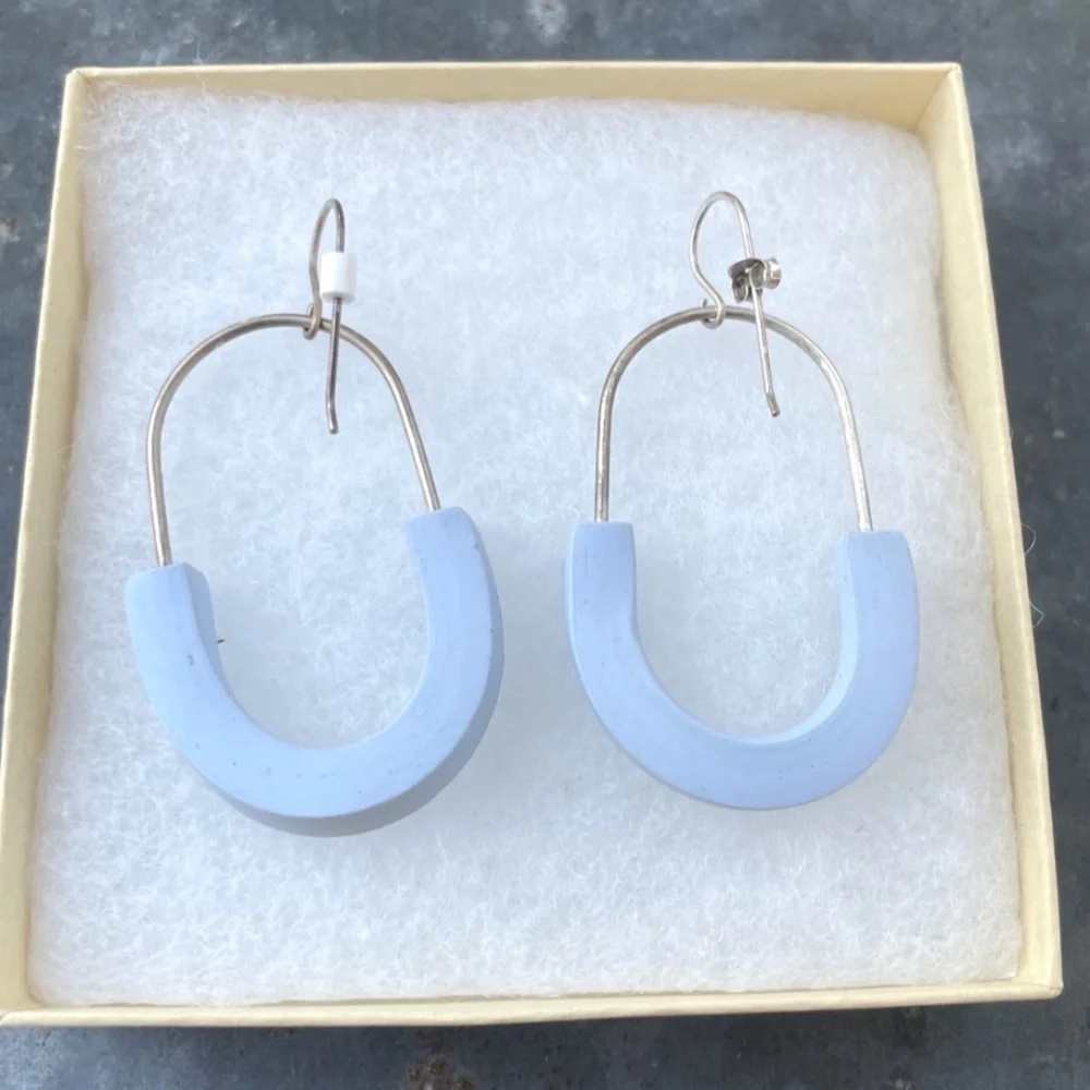 Maria Eife Artisan Sterling Drop Earrings w/ blue 3D Printed Nylon semi-circles - Picture 2 of 2
